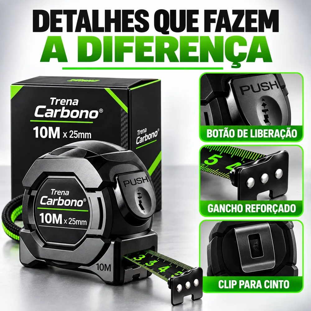 Detalhes da Trena Carbono: botão de liberação, gancho reforçado e clip para cinto