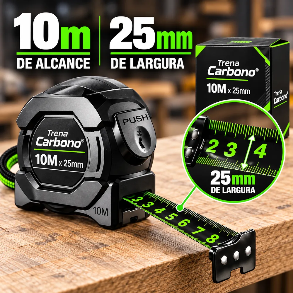 Medidas profissionais: 10 m de alcance e 25 mm de largura